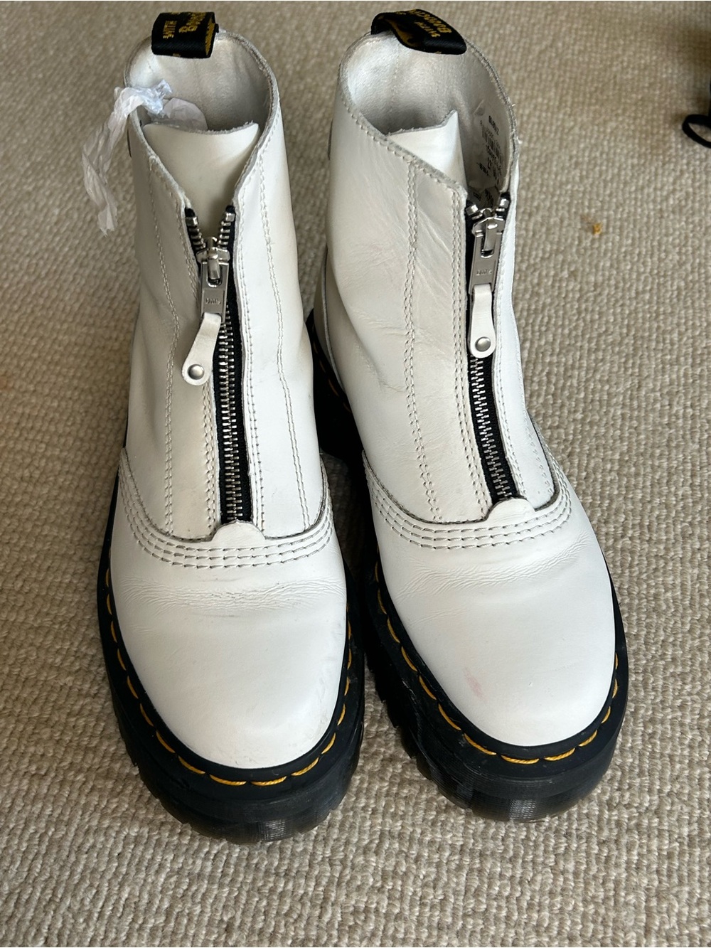 Dr. Martens White Leather Front-Zip Combat Boots with Yellow Stitch